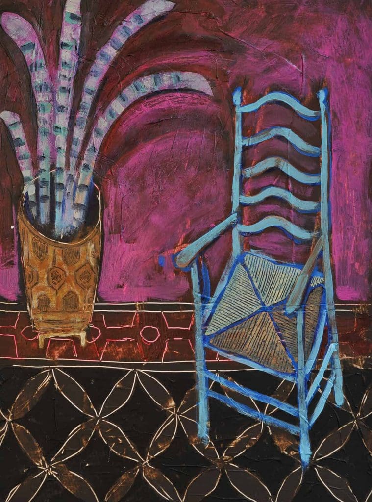 Kerry Louise Bennett, The Hall Chair and The Snake Plant, 2021, Acrylic on watercolour paper, 26.5x36cm, Janet Rady Fine Art