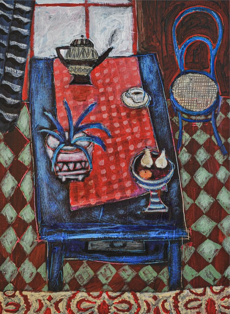 Kerry Louise Bennett, The View from The Sofa (if only tea could fly), 2021, Acrylic on watercolour paper, 26.5x36cm, Janet Rady Fine Art