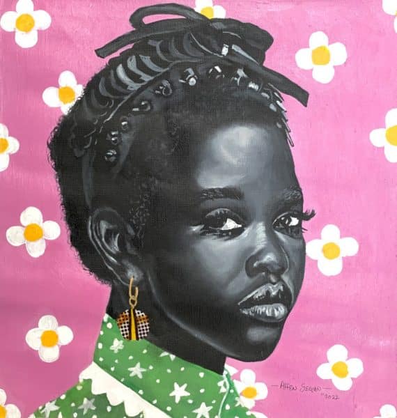 Affen Segun, Face Your Fears, 2022, Acrylic and ankara fabric on canvas 34x32cm Janet Rady Fine Art